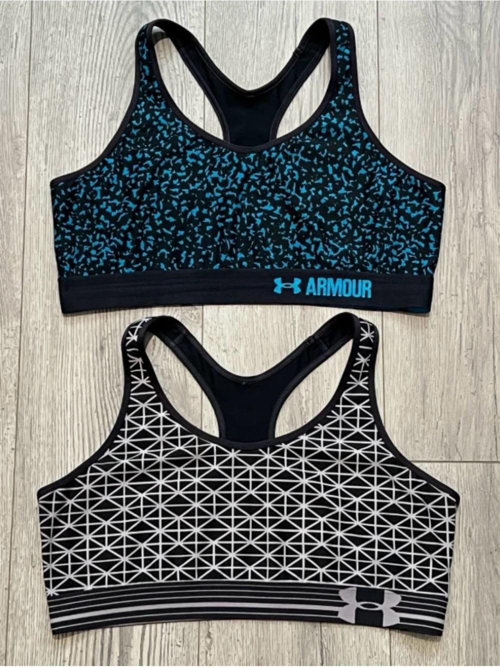 XL Womens UNDER ARMOUR Racerback Sports Bra Lot 2 Padless Compression Blue Black